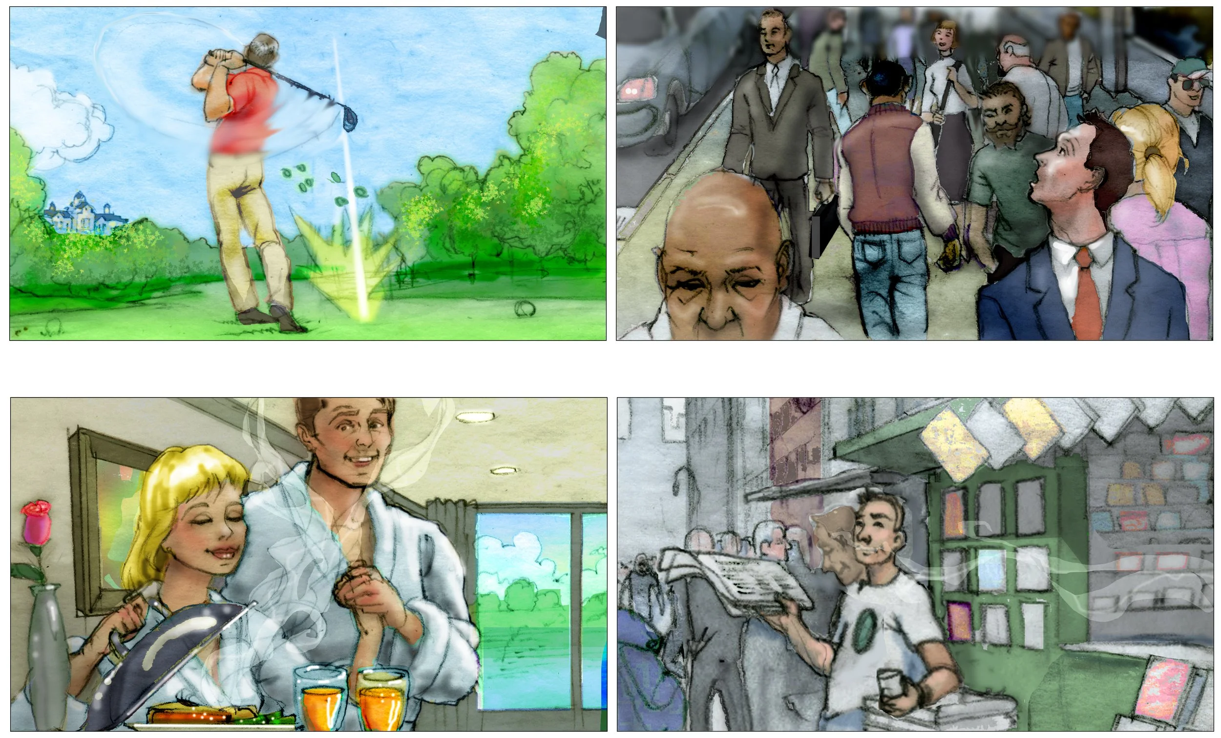 These storyboard comps are from the presentation of a concept where city dwellers would experience the resort calling by hearing the thwack of the drive, the smell of room service, beat of the night club, the ringing of the slots etc.