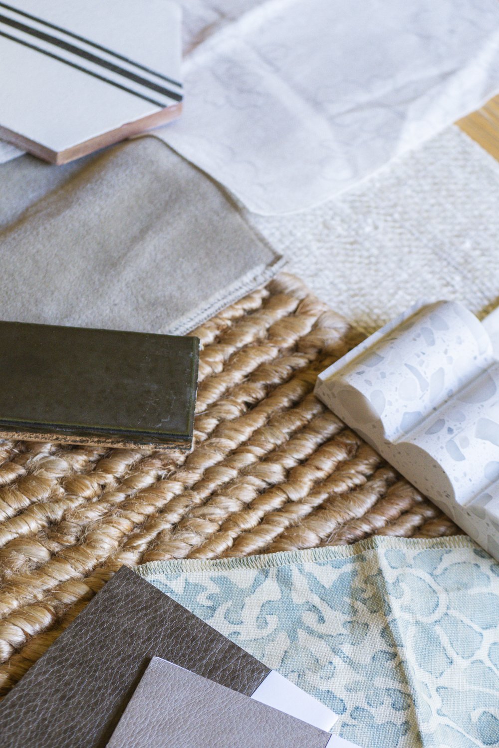 Fabric flat lays of pieces of textural elements for design client
