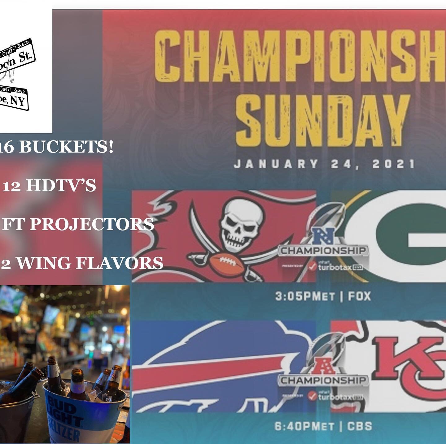 Championship Sunday! Sunday January 24th! Wings! Beer! Football!! One of the funnest days of the football season! Come watch with us! #championshipsunday #wings #bucketsofbeer #bstreetbarandgrill