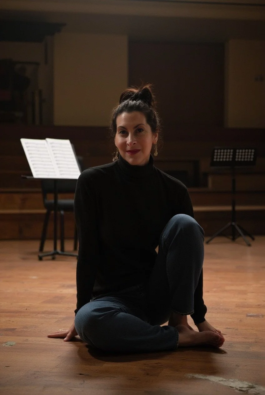Ilana Davidson, Soprano, sitting on the floor of a theater stage with her dark hair in a bun, wearing a black turtleneck, blue jeans, and bare feet. There is an empty chair next to a music stand with sheet music on it in the background