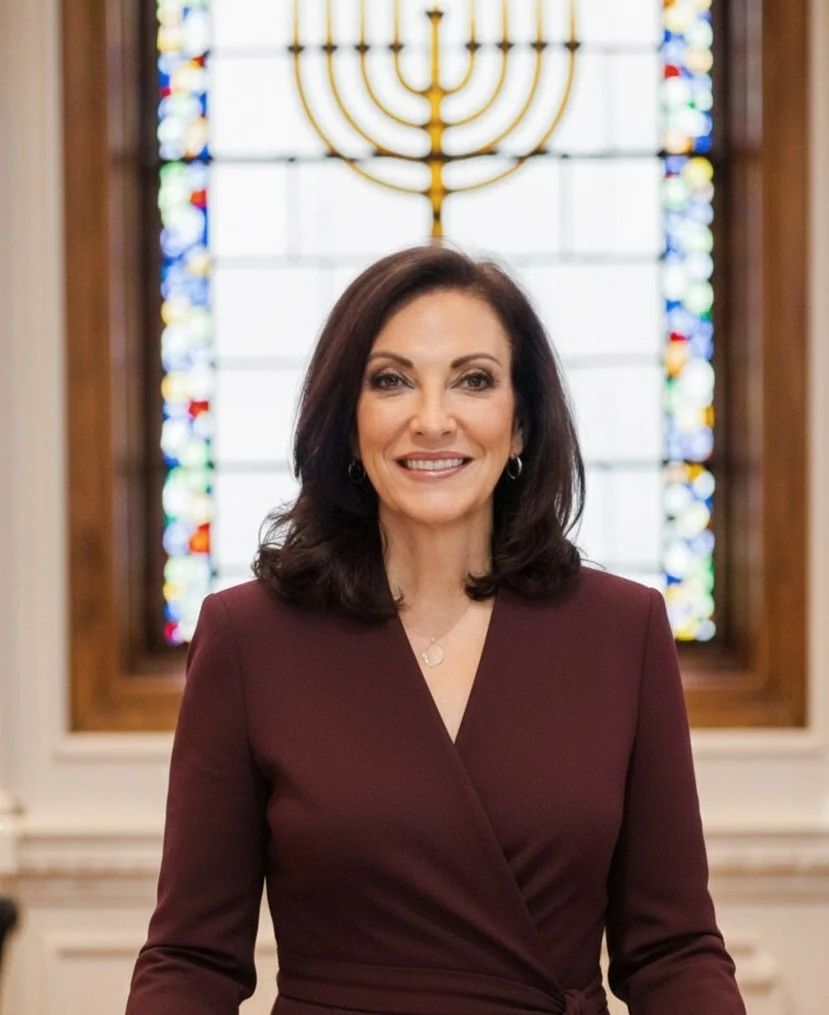 Ellen Arad dressed in a burgundy wrap dress,  her dark shoulder length hair is down and she is looking into the camera and smiling, a stained glass window with a menorah in it is in the background