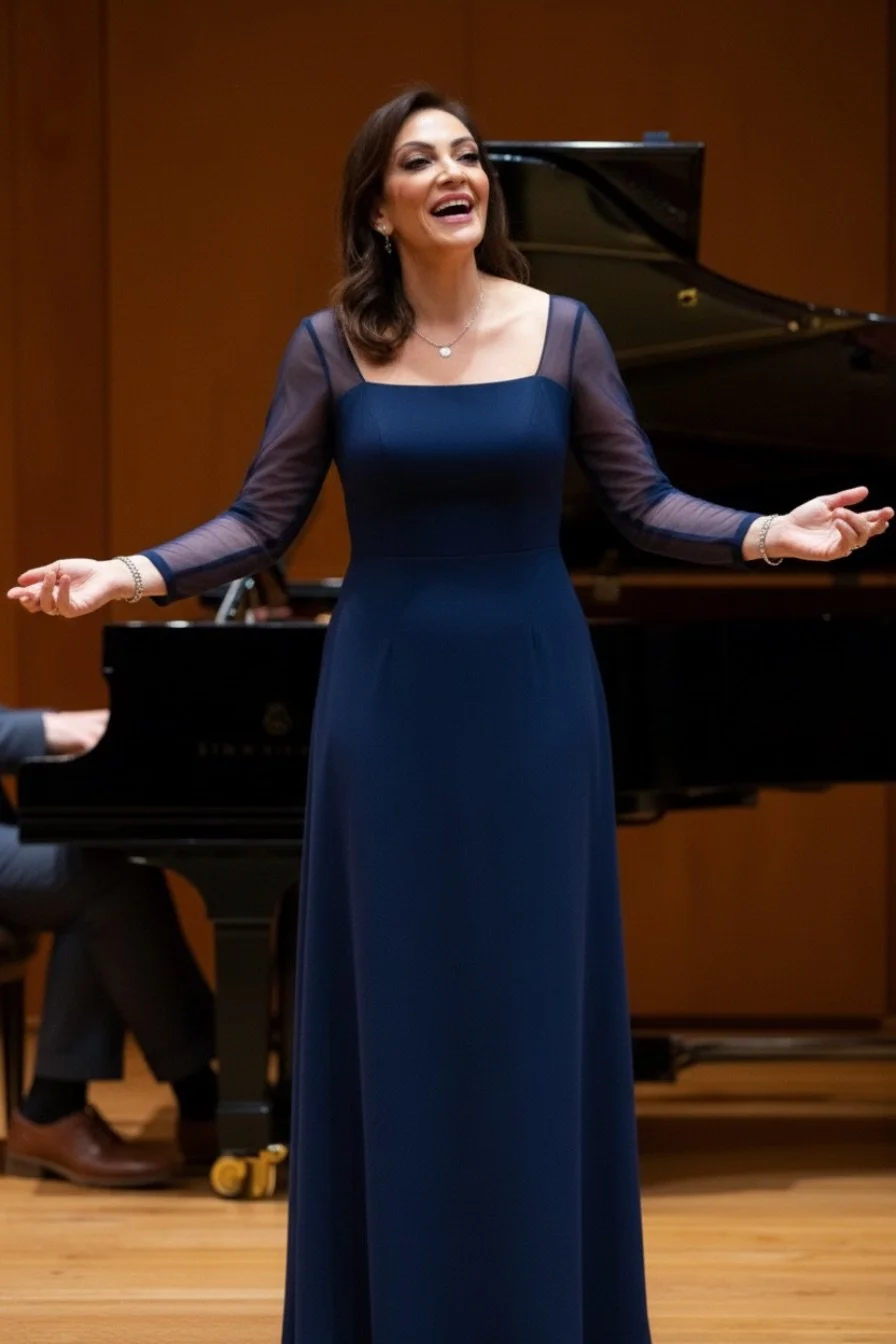 Ellen Arad, Singer, Cantor singing on stage in a long blue evening gown accompanied by a grand piano in the background