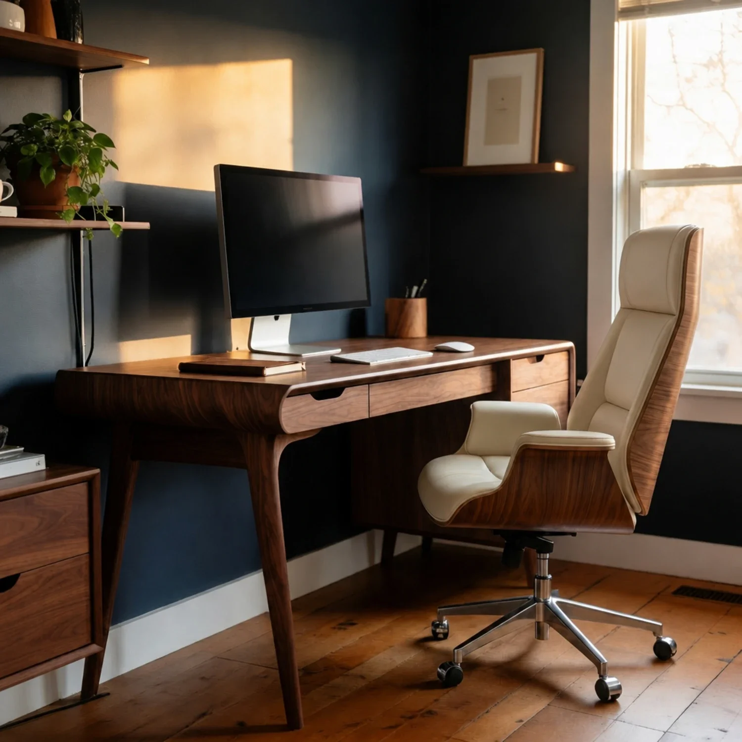 Mid-century walnut desk with a monitor and cream leather chair in a navy-walled home office, morning light through the window.