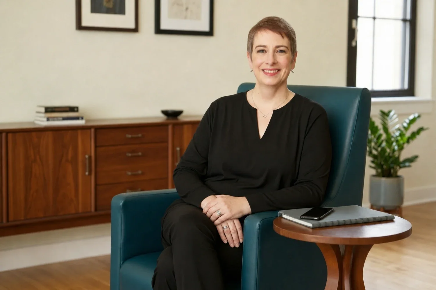 Meg Desjarlais seated in a mid-century chair in a warm, sunlit room with a walnut credenza and books behind her.