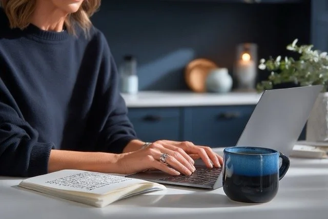 Woman typing on laptop with open handwritten notebook beside it, planning a homepage rewrite at a navy home office desk.