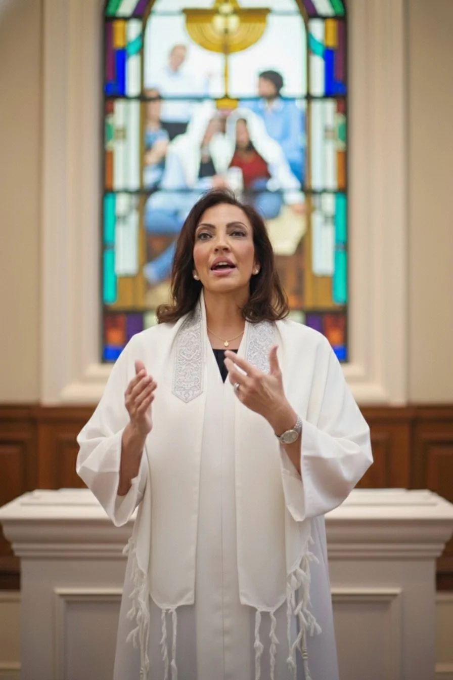 Ellen Arad, leading a service in her Temple, dressed in her white high holiday robe an arched stained glass window with a menorah in it is in the background