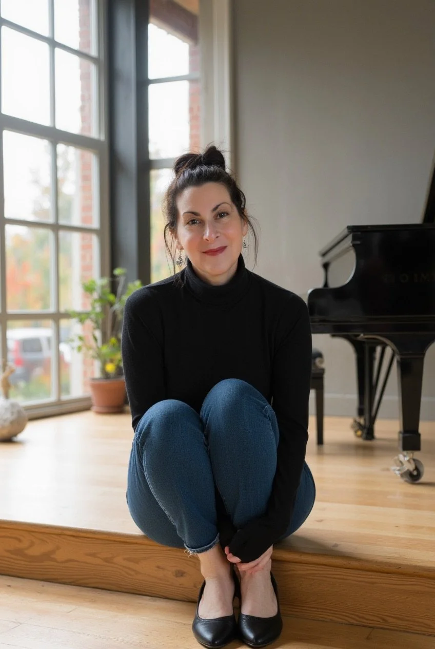 Ilana Davidson, Soprano, sitting at the edge of a recital stage with her dark hair in a bun, wearing a black turtleneck, blue jeans, black ballet flats with a grand piano in the background and floor to ceiling windows