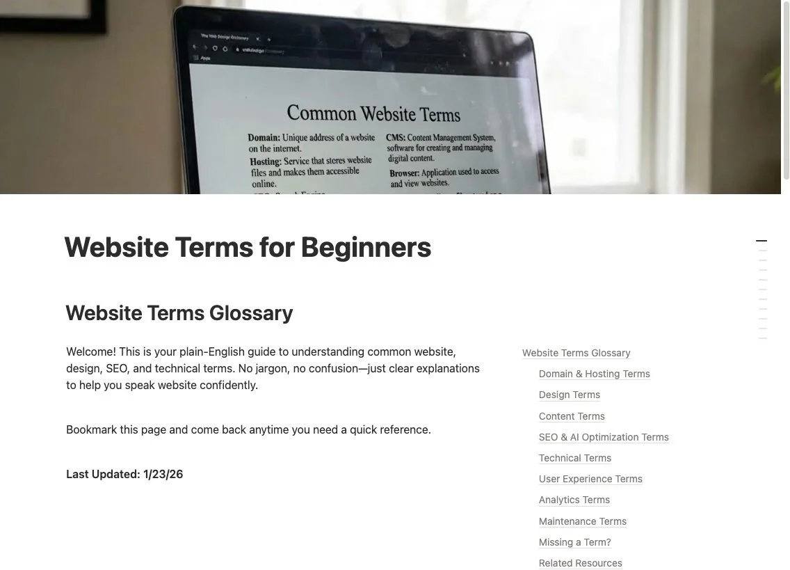 Image of the home page of the Website Glossary for Beginners in Notion