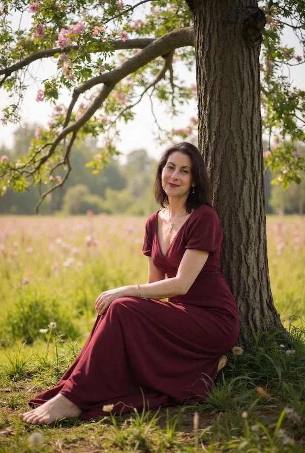 Ilana Davidson, Soprano, wearing a short sleeve burgundy dress, with her hair down and smiling as she leans against a tree in a wildflower meadow