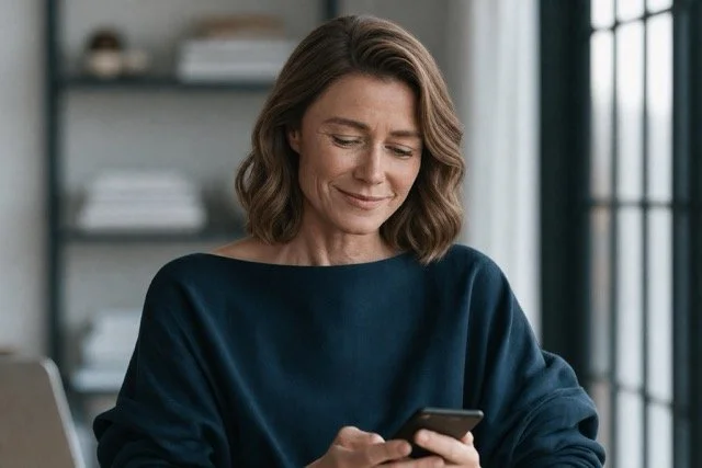 A woman in her late forties looks down at her phone with a small, settled smile in her bright, modern home office.
