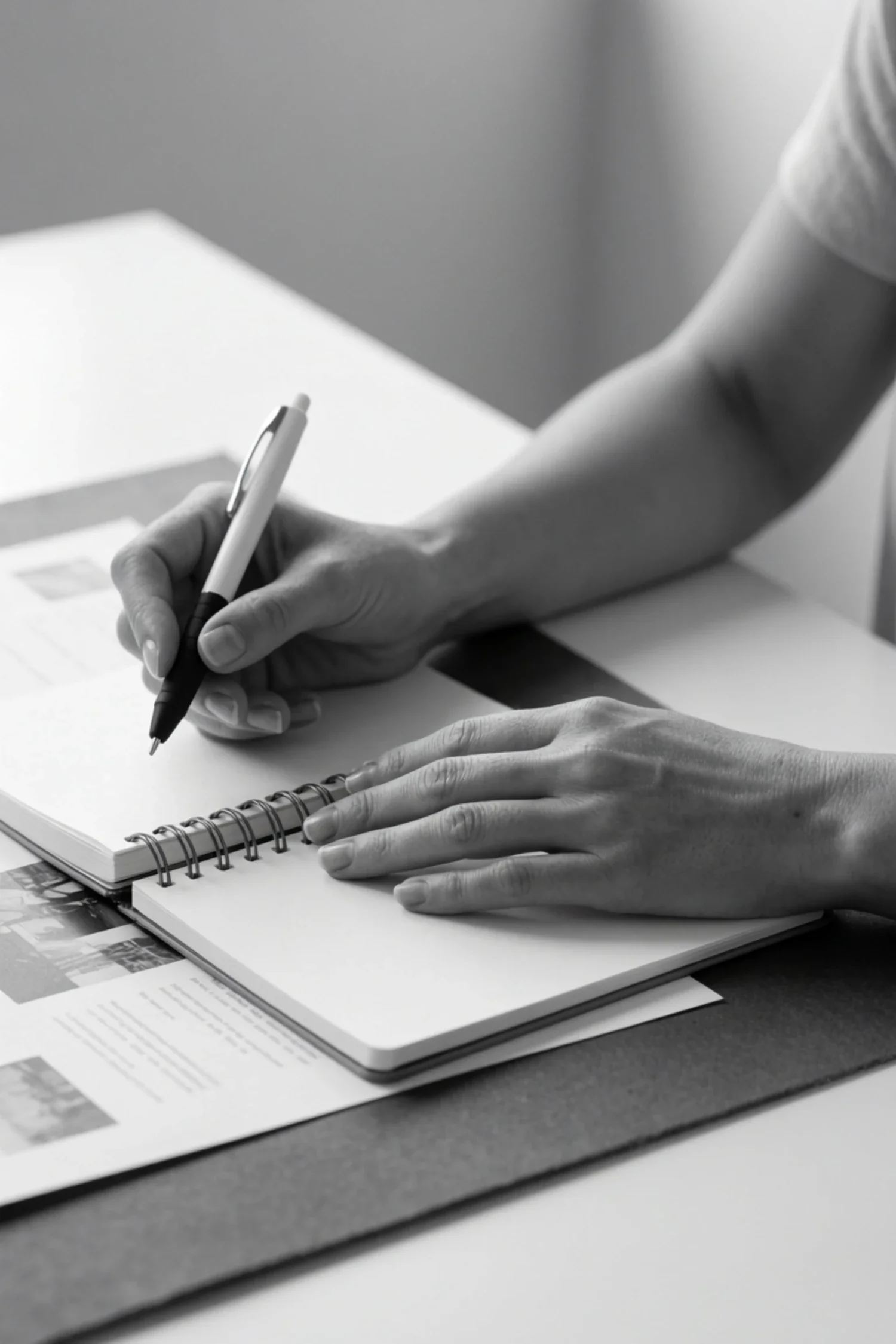 Hands writing in a spiral notebook beside printed materials on a clean desk — black and white.