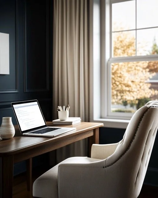 Elegant home office with navy walls, cream chair, and open laptop. a professional workspace that builds website credibility