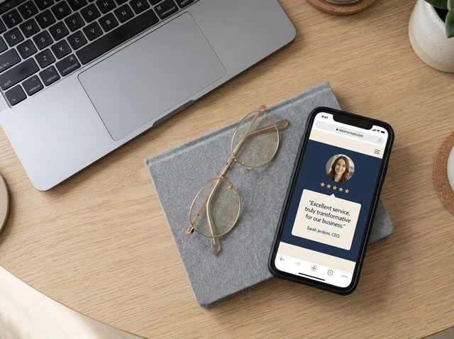 A smartphone displayed upright on a wooden desk showing a five-star website testimonial section with a client quote and name, beside a grey notebook and gold reading glasses, with a laptop in the background.