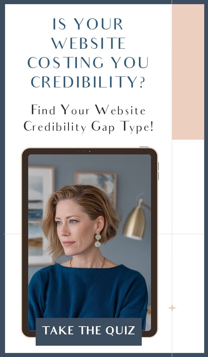 Graphic with a picture of a blonde woman in a blue sweater contemplating taking the quiz