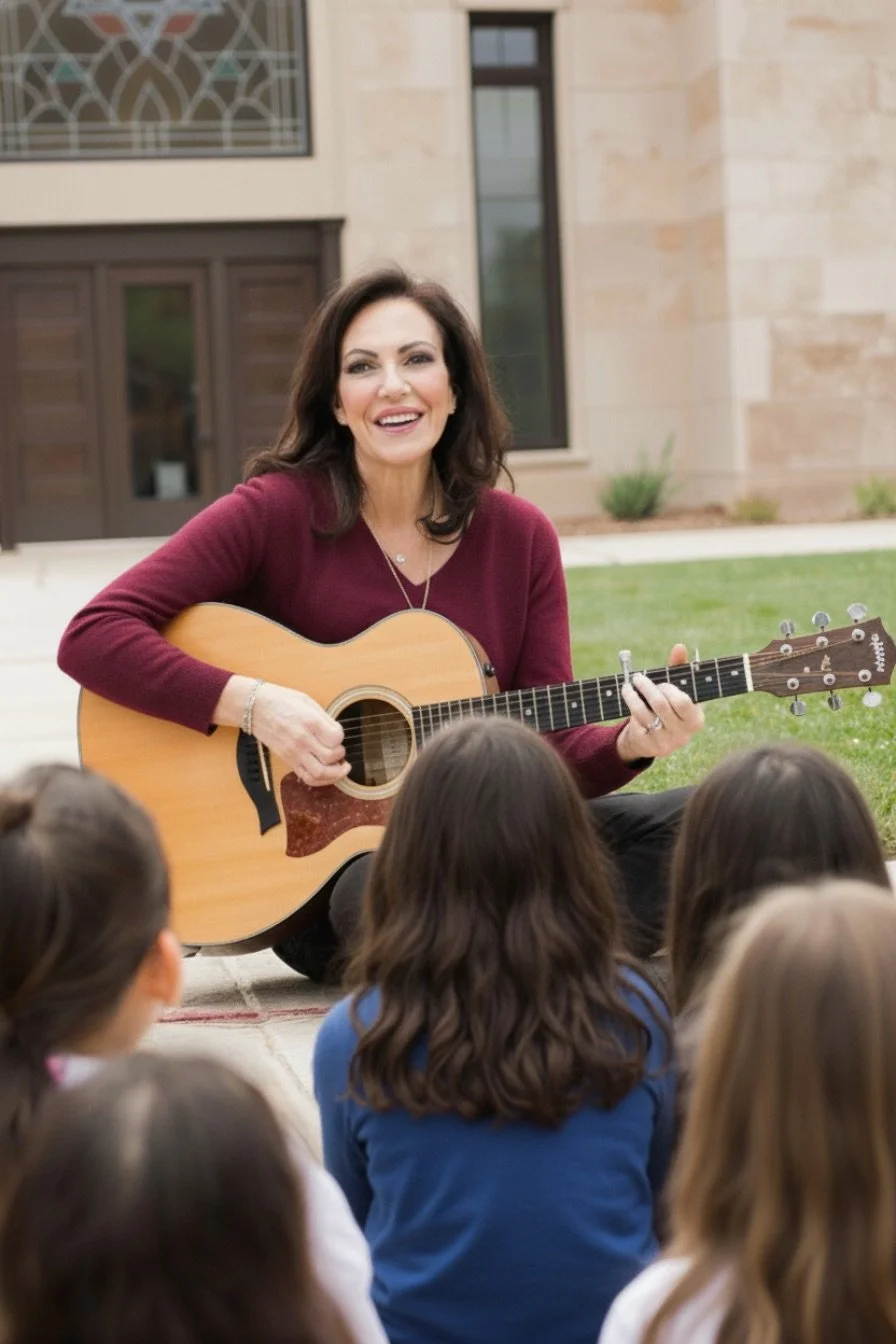 Ellen Arad, siting on the grass outside her Temple, playing guitar to a group of young children