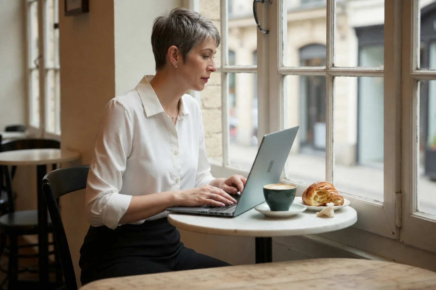 Meg Desjarlais working at a laptop in a café window with a croissant and coffee beside her.