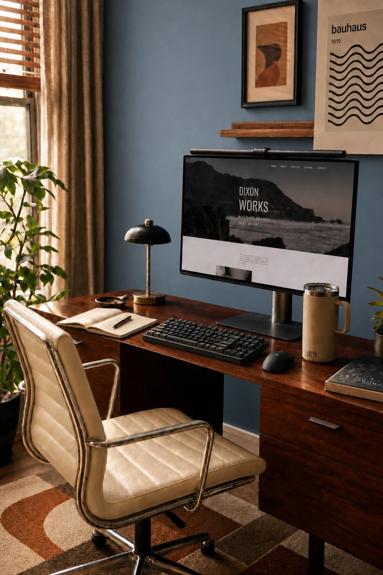 A website displayed on a monitor at a walnut desk with an open notebook, desk lamp, and keyboard against a blue wall.