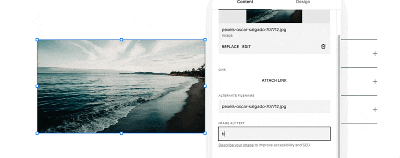 gif showing how to add and save image alt text in squarespace