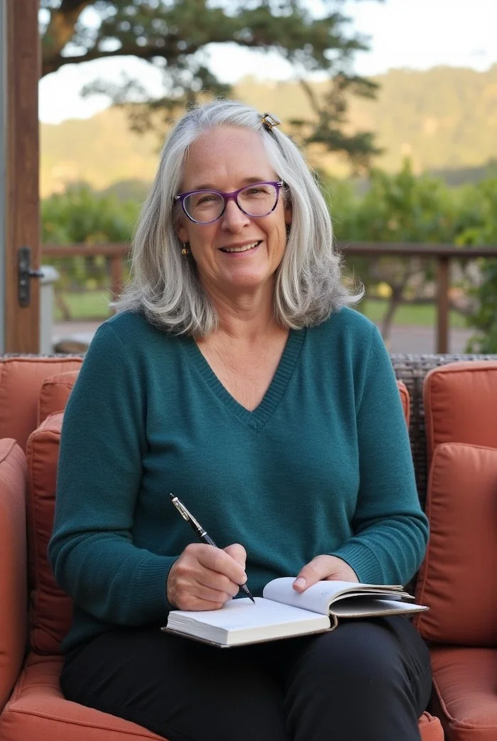 Dawn Dolan AI Headshot by Purpose & Pixel, LLC She is wearing a v-neck sweater and black pants, purple framed eyeglasses, gold pearl drop earrings and gray shoulder length hair . She sits on her deck with a notebook and pen. Vineyard in background.