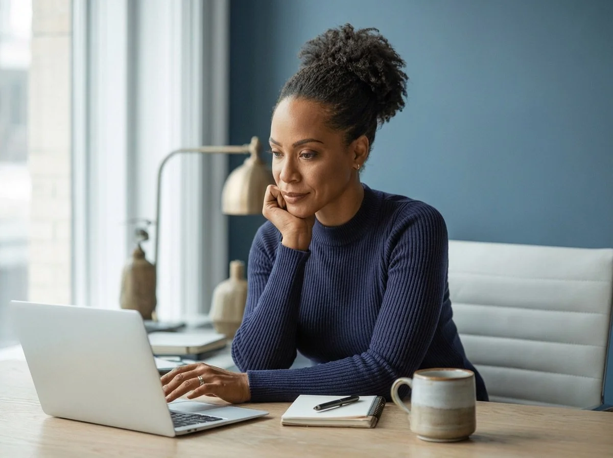 A professional woman in a navy sweater reviews her laptop at a styled home office desk, considering what to fix on her website first.