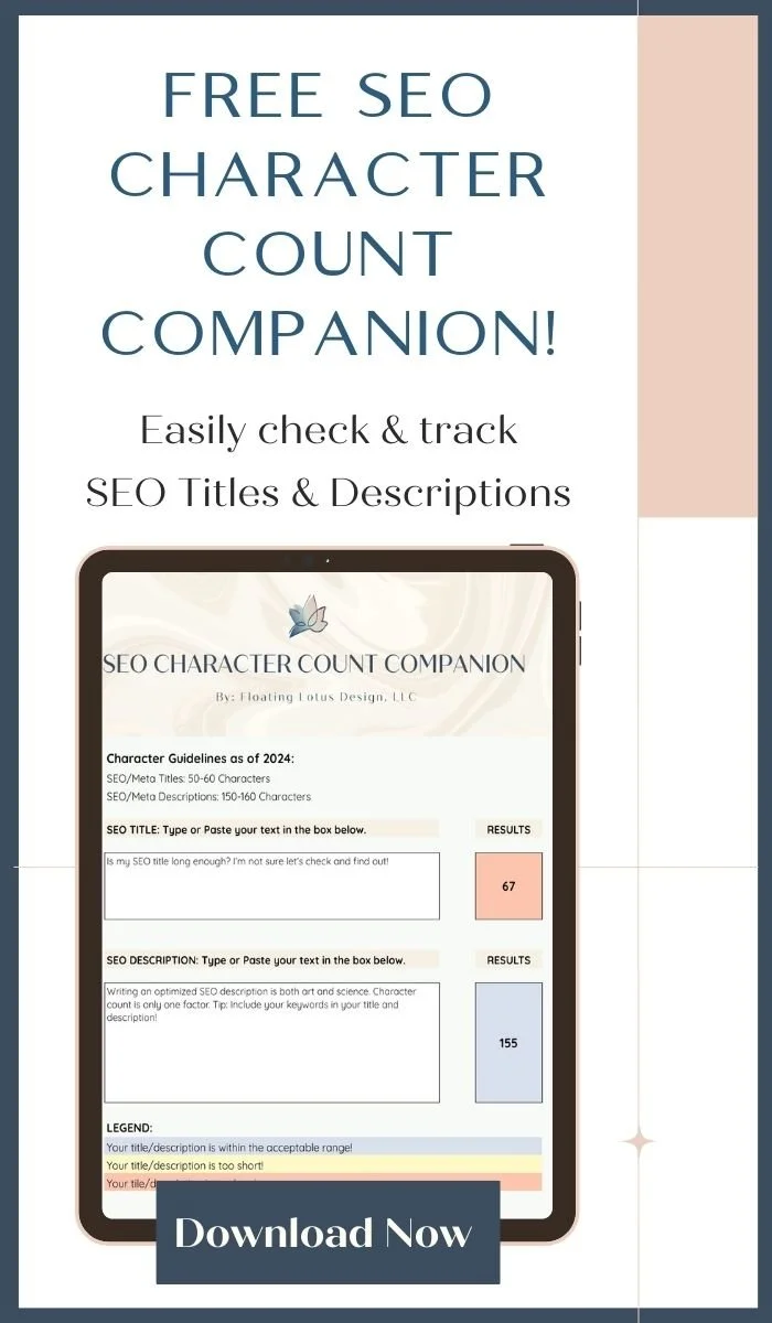 Graphic image of the FREE SEO Character Count Companion tool shown on an ipad mockup