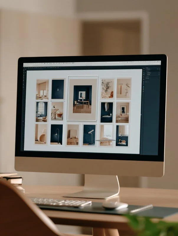 Desktop monitor displaying a curated grid of AI brand photoshoot images in a navy, cream, and warm wood palette