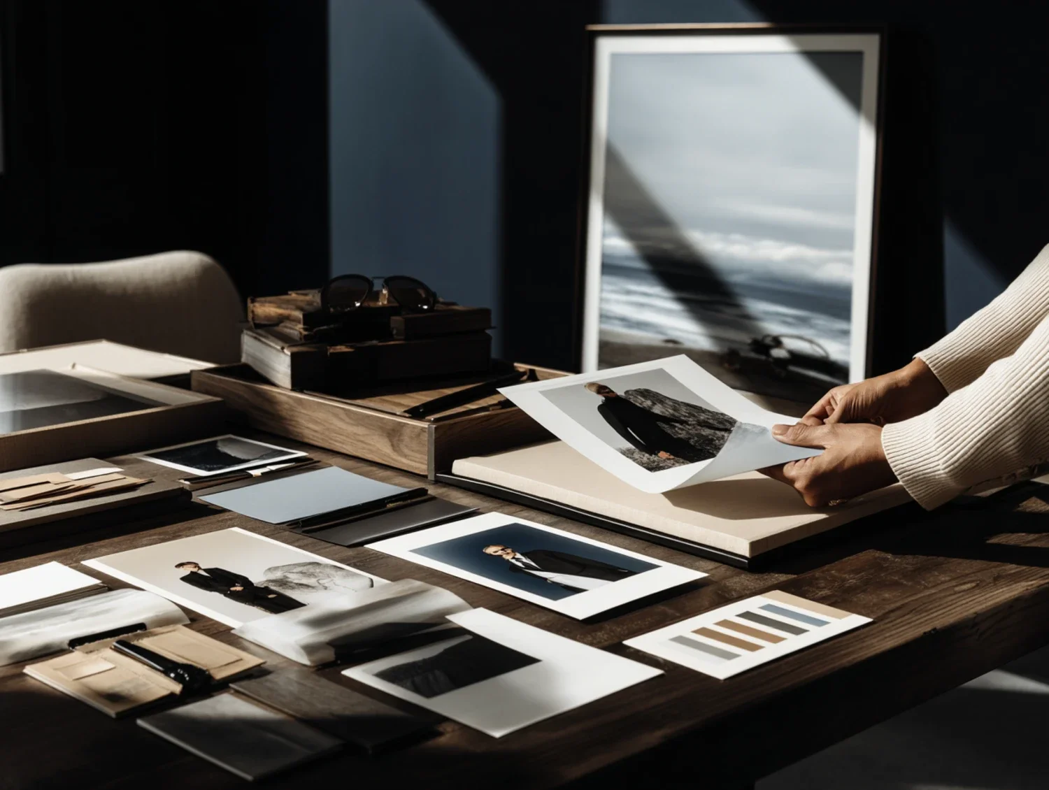 Hands reviewing printed portrait photographs and color swatches spread across a walnut desk, with a framed print leaning against a navy wall.