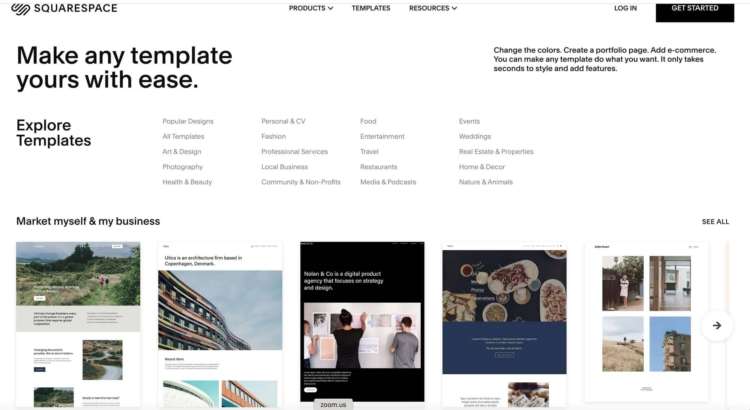 Screenshot of the Squarespace templates web page with categories listed