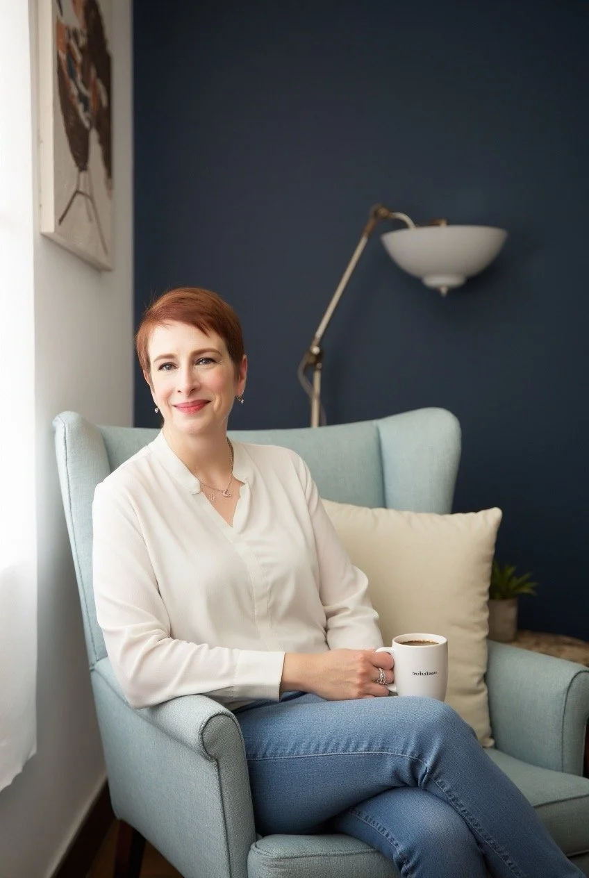 Meg Desjarlais, Founder of Purpose and Pixel, sitting in a home office in a blue wing chair near a window holding a cup of coffee and smiling. She is wearing a white blouse and blue jeans.