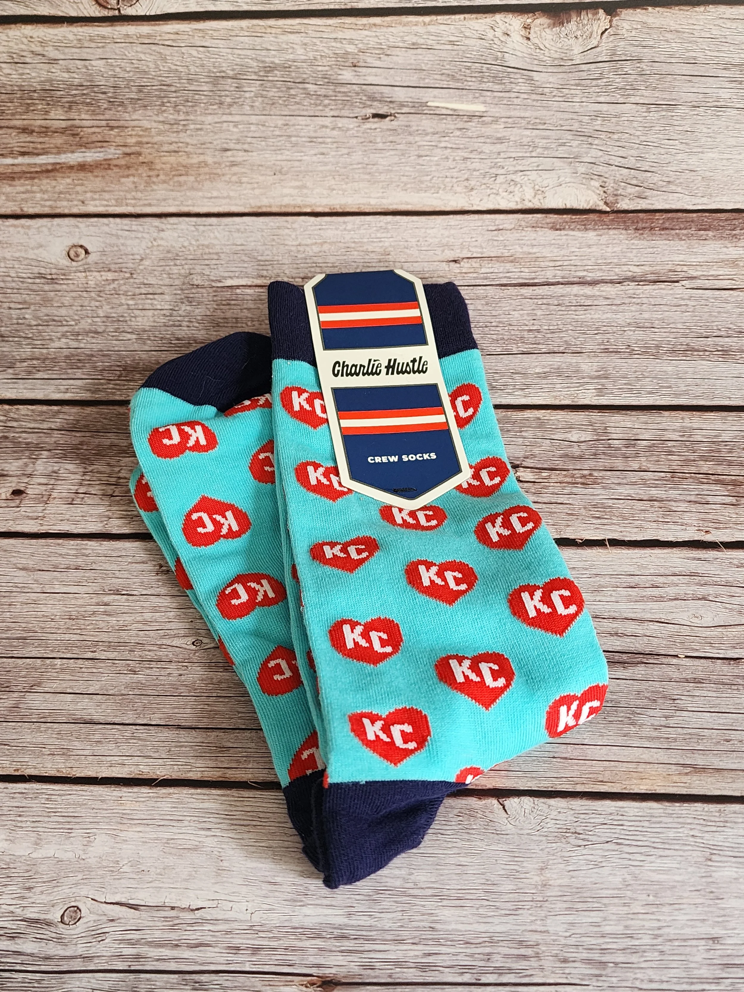 Charlie Hustle Teal and Red Heart Socks