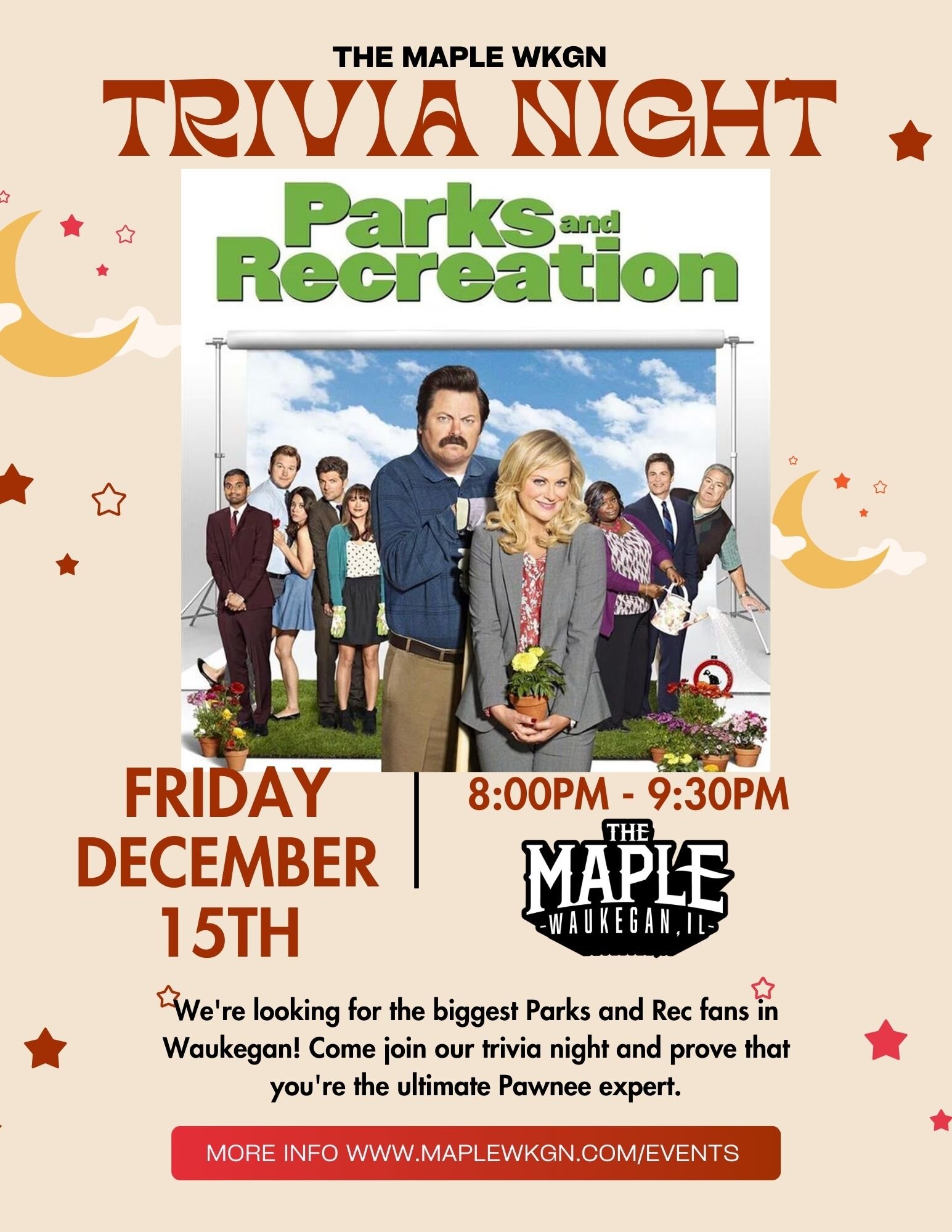 Treat yo' self to a night of fun and laughter at our Parks and Recreation trivia night! Come prepared to answer questions about your favourite characters, episodes, and iconic moments. Friday December 15th at 8pm. Prizes for the winning team! #TreatY