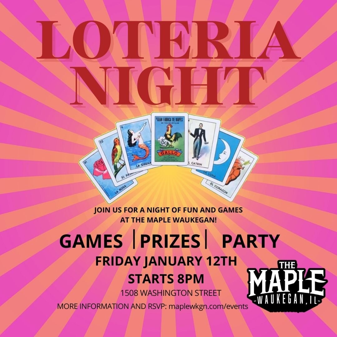 ✨ &iexcl;Viva la Loteria! ✨ This Friday! Prepare for a night of laughter, music, and good fortune at The Maple WKGN. Let's celebrate the weekend in style! #LetsDanceAndDab #WaukeganNightOut #TheMapleWKGN #maplewkgn #waukegan #waukeganevents