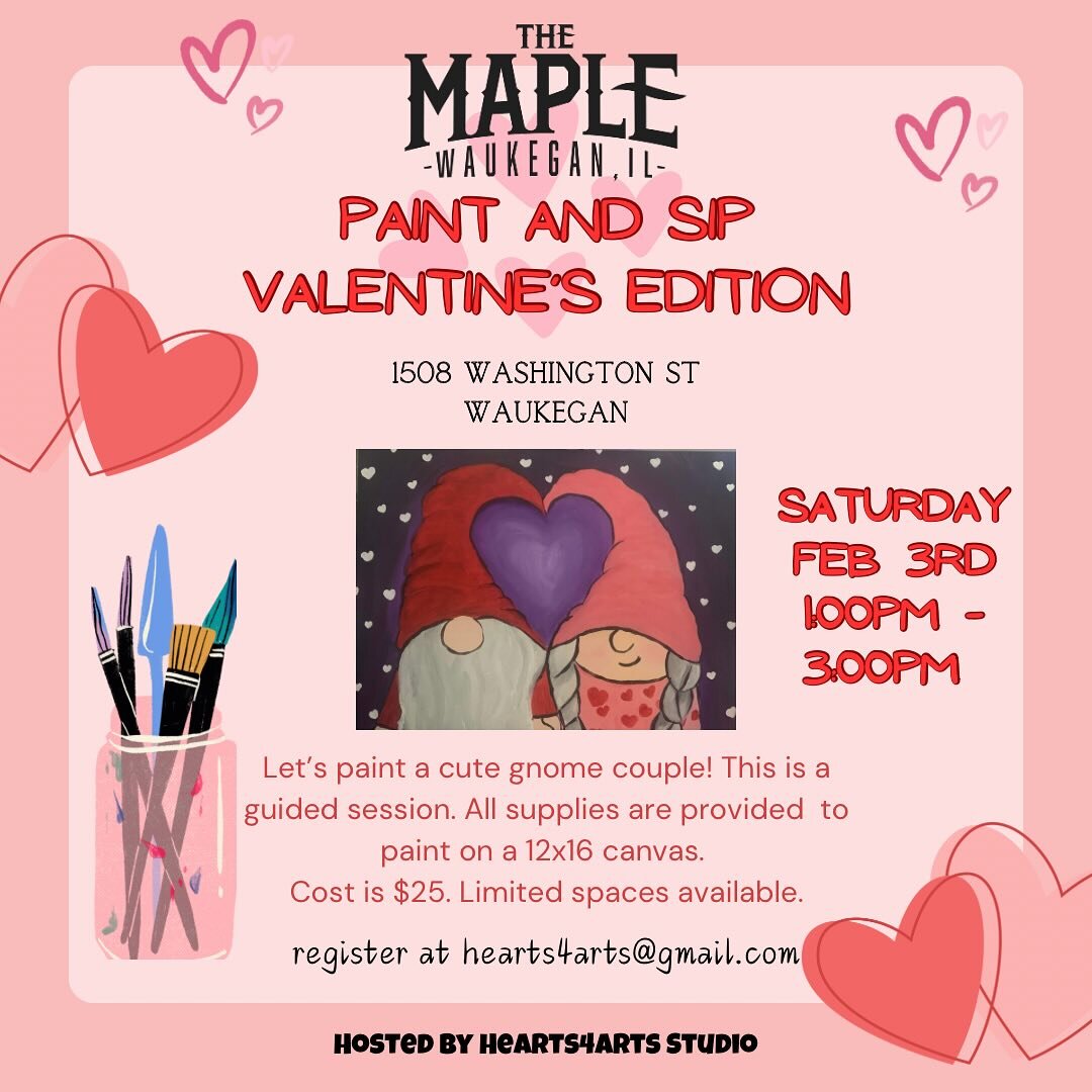 Join us for a whimsical Sip and Paint Valentine&rsquo;s Edition! 🎨❤️ Embrace the love whether it&rsquo;s Valentine&rsquo;s, Galentine&rsquo;s, or just because. Let&rsquo;s create magic with a cute gnome couple on a 12x16 canvas. 🍷✨ Limited spaces, 