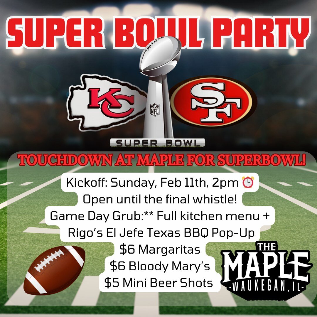 Superbowl Sunday Perfection! Who's joining us at The Maple this Sunday for the ultimate viewing party featuring Rigo's EL JEFE BBQ and great drink specials!

 Pre-order your game-day feast from Rigo (El Jefe BBQ on Facebook) and tell us in the commen