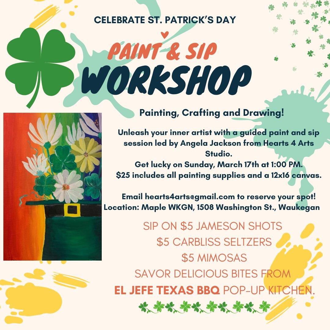 🎨🍀 Get your St. Paddy's Day party started at The Maple WKGN! Join us for a paint &amp; sip, $5 Carbliss Seltzers, $5 Jameson shots, and a delicious BBQ pop-up by El Jefe Texas BBQ!  Book your spot now! #maplewkgn #BBQCommunity #TexasBBQ #PartyLikeA