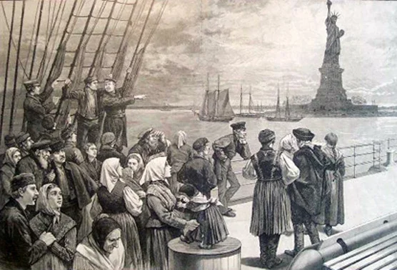 19th century sketch of immigrants aboard an arriving boat seeing the Status of Liberty as they enter New York Harbor.