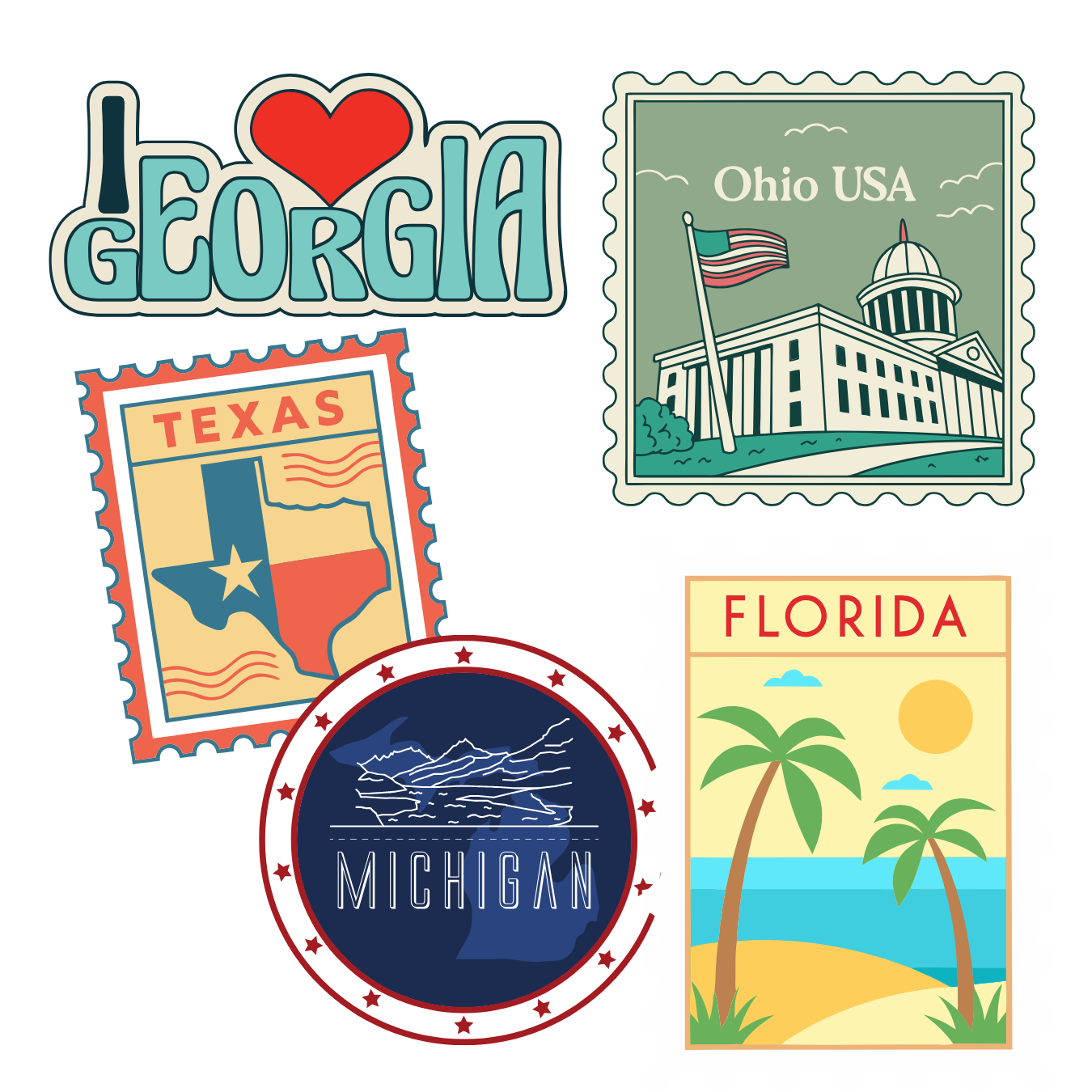 Graphic with postage from Florida, Georgia, Michigan, Ohio, and Texas