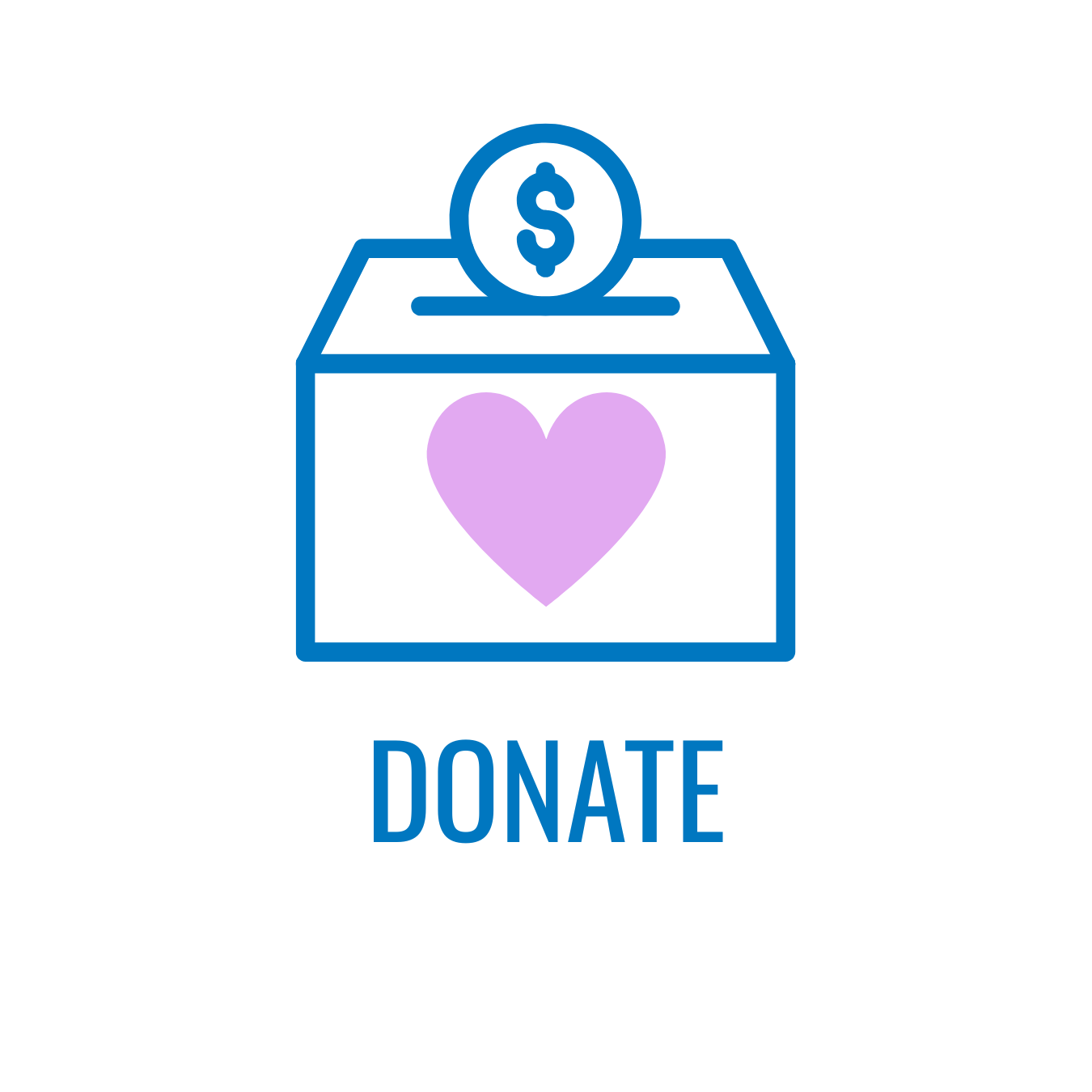 Button with a box, a dollar sign and a heart. Underneath it says donate
