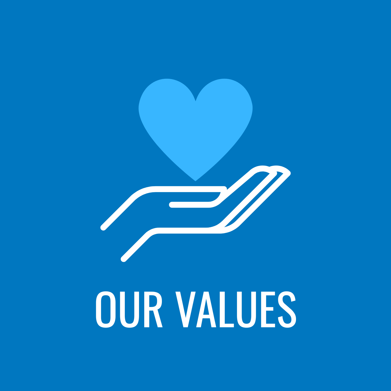 graphic of a hand and a blue heart above. Underneath it says our values