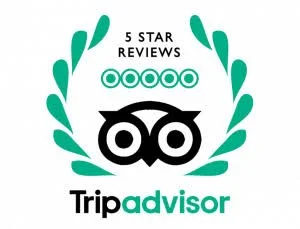 TripAdvisor logo with 5-star reviews and owl mascot surrounded by green laurel branches