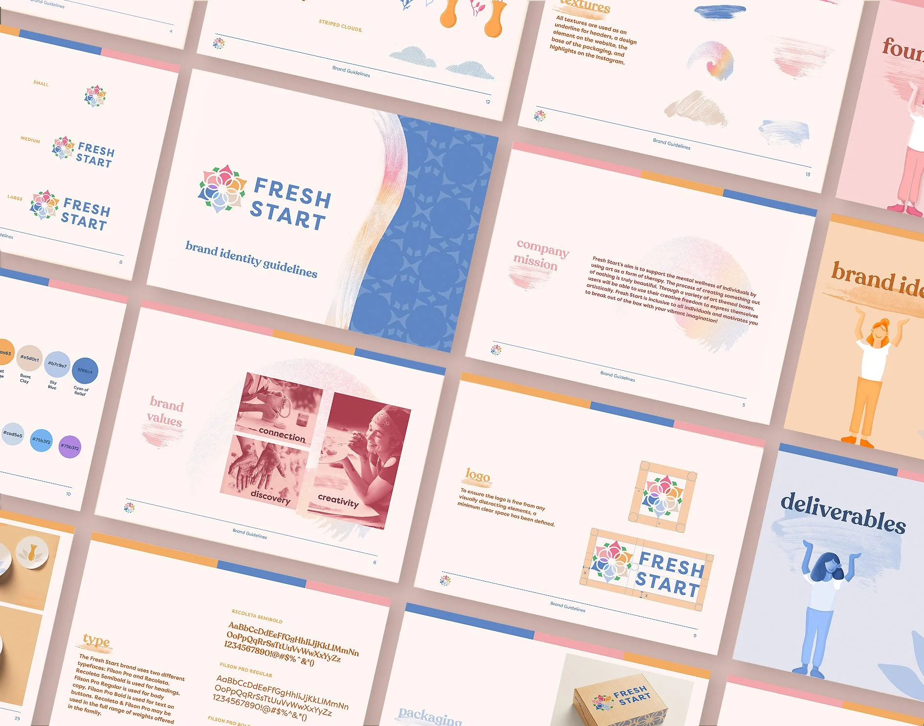 Brand Guidelines for Fresh Start laid out diagonally against a cream color background
