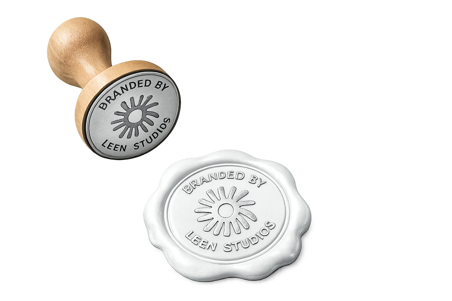 A wooden stamp and a wax seal with the logo and text 'Branded by Leen Studios'