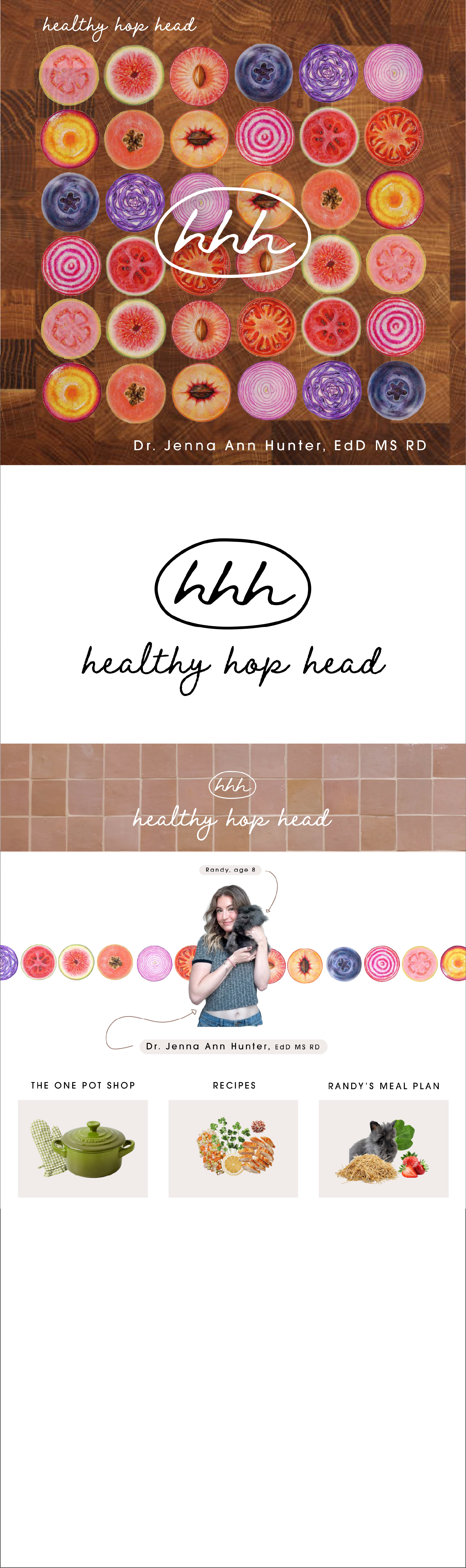 Series of images featuring colorful sliced fruits such as apples, blueberries, and beets, with the text 'healthy hop head' and a central logo 'hhh'. Below is a photo of a woman holding a dog, with website sections for a shop, recipes, and meal plan.