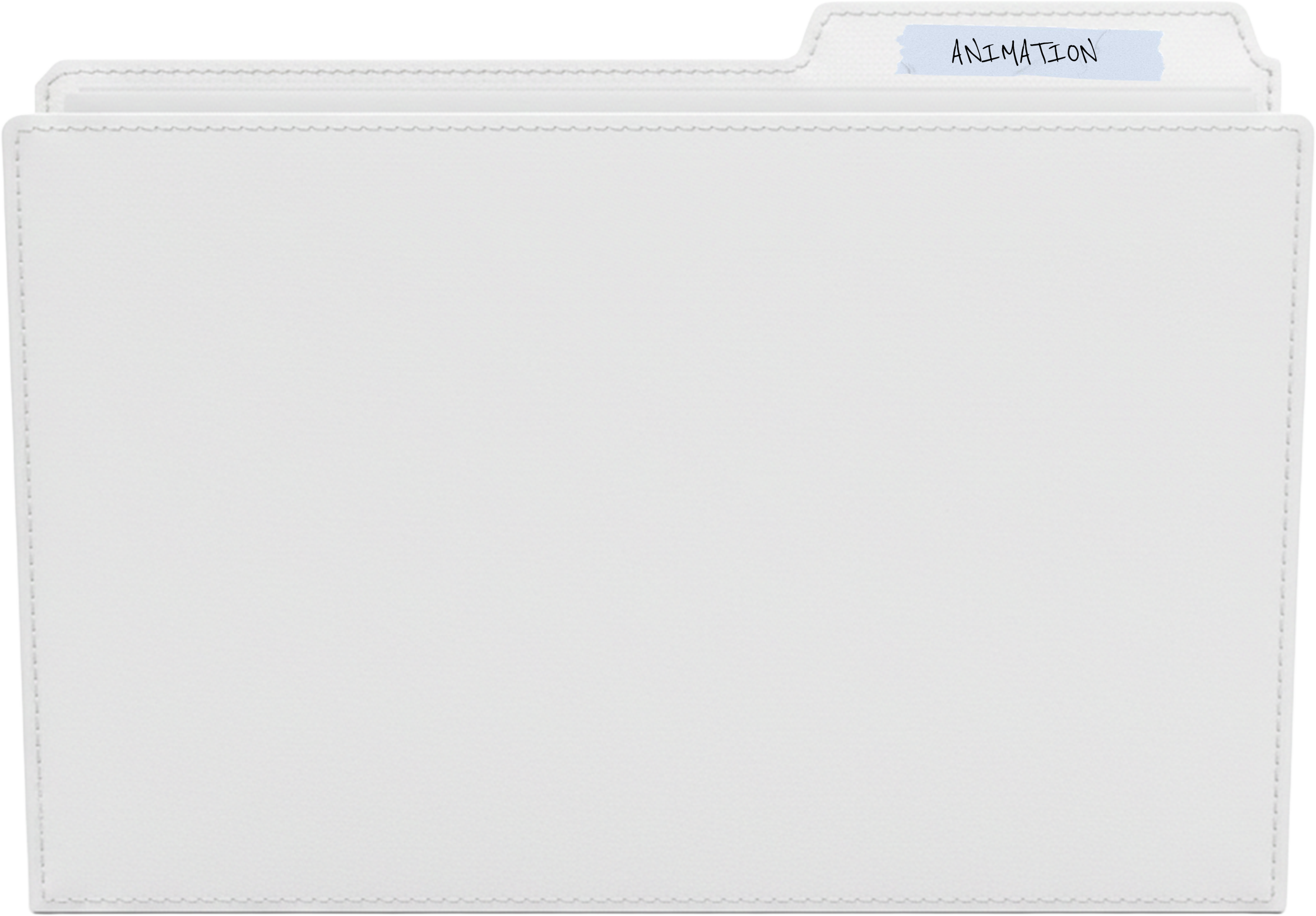A close-up of white folders or file organizers with tabs, one labeled 'Animation' in black handwritten text on blue tape.