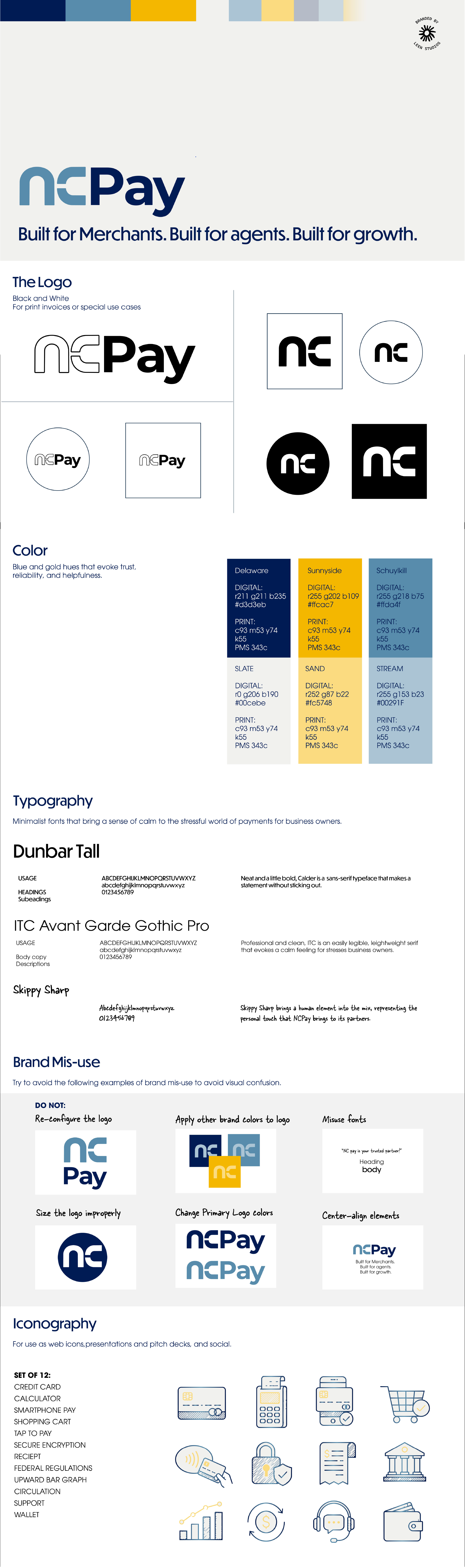 Overview of NC Pay logo variations, color scheme, typography, brand misuses, and iconography for a digital payment service.