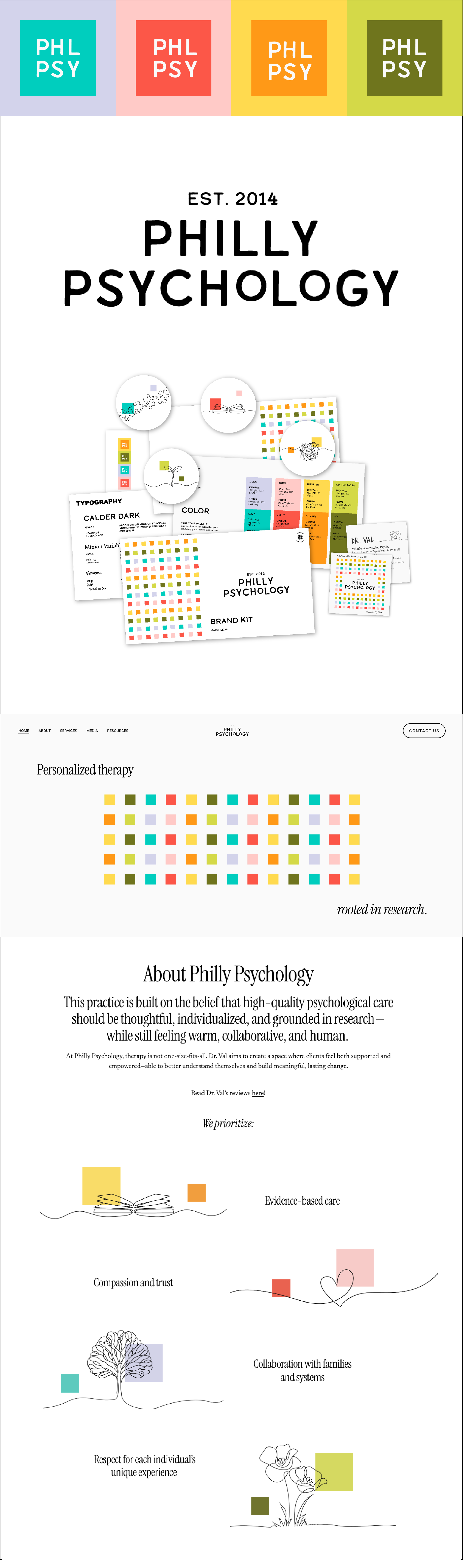 A colorful collage of branding materials for Philly Psychology, established in 2014, including color palettes, business cards, brochures, and icons representing therapy and personalized care, with text describing their approach and values.