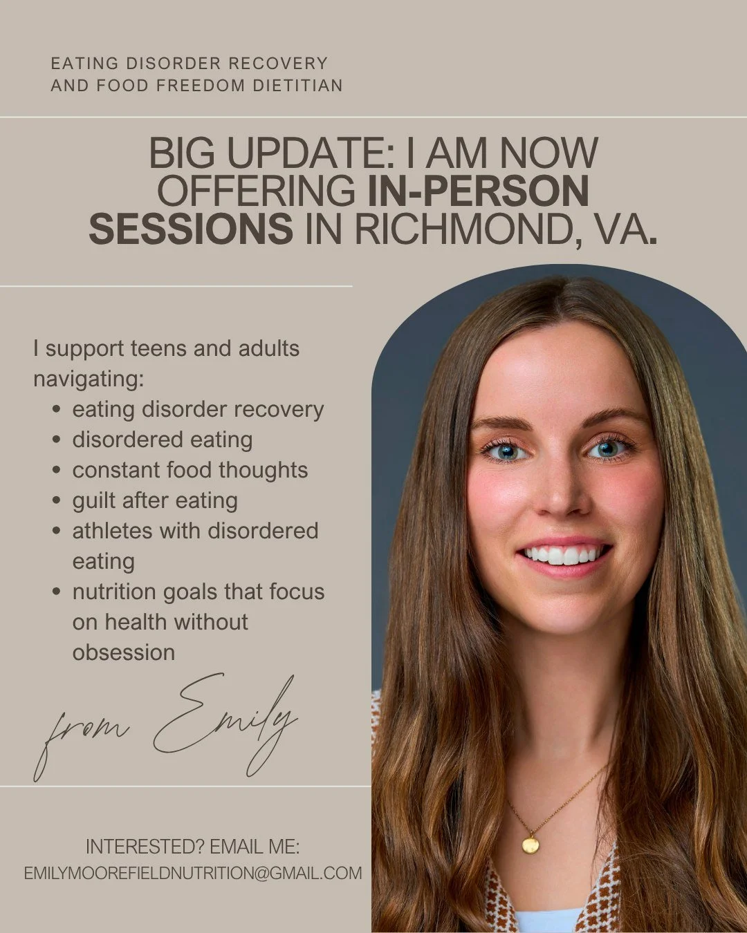 In-person nutrition sessions are officially here starting June 1st, 2026. 🤍
I am so excited to offer face to face support and make care more accessible. 🙌🏻
Now booking in Richmond, VA. Reach out to get started via DM, email, or my website. Limited