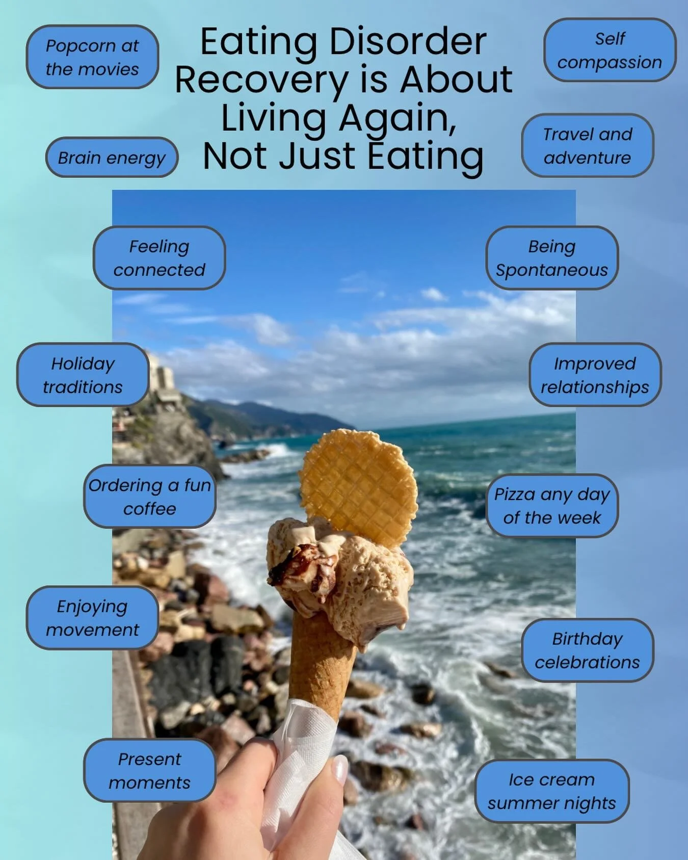 Eating disorders may promise control, comfort, and numbness. Recovery offers things the eating disorder NEVER can like freedom, connection, flexibility, and a fuller life.

It does take ALOT of work to get to a place where recovery feels better than 