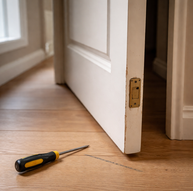 white interior door binding against swollen jamb frame