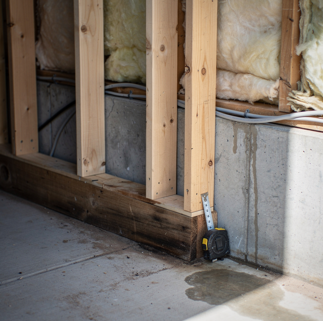 Dark rotted wall studs beneath window after drywall removal